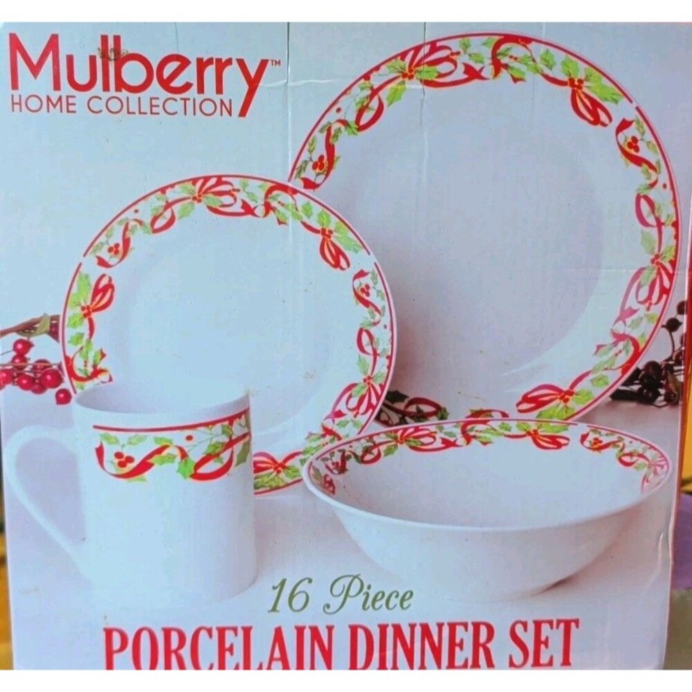 Mulberry Home Collection Dish Set Holly Berry Red Ribbon Christmas 16 Piece